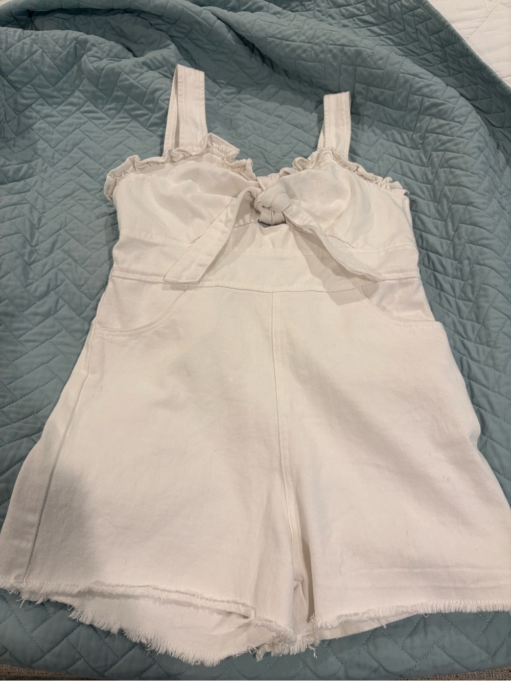 White Denim Tie-Front Sleeveless Romper